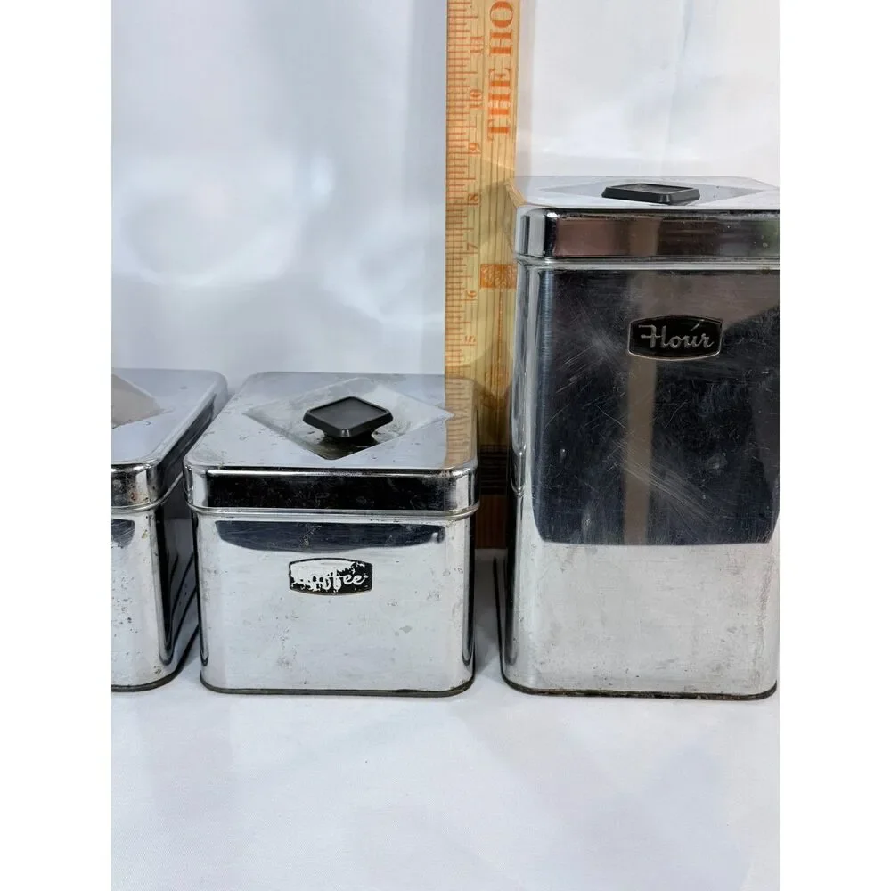 Signature MCM Chrome Kitchen Canister Set Flour Sugar Coffee Tea Mod Prop READ